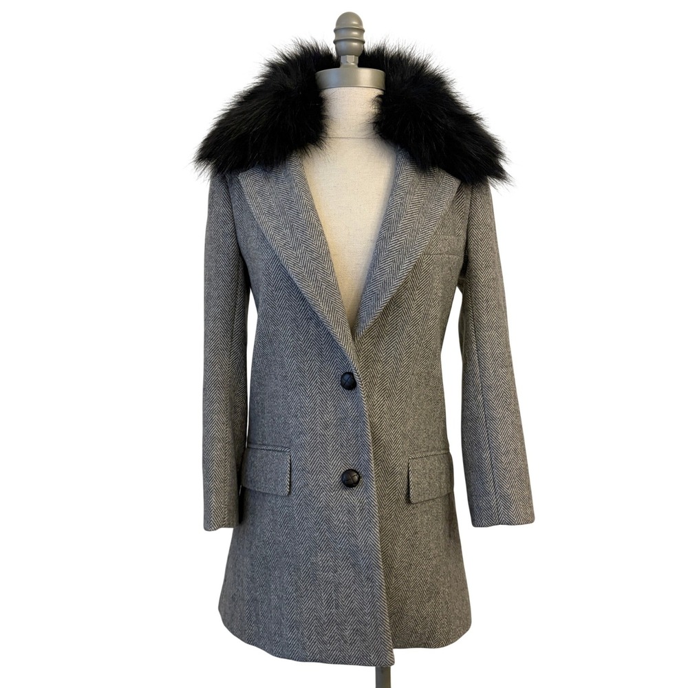 Tuckernuck Herringbone Jacket XS Wool Blend Faux Fur Collar Gray Blazer Preppy
